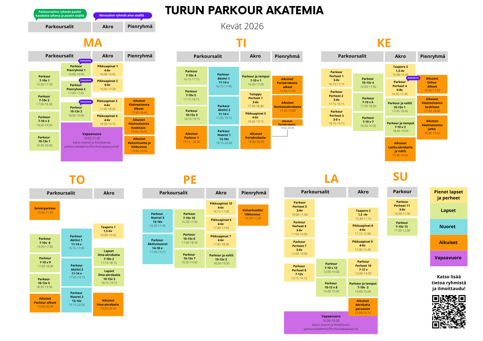 Lukujärjestys kevät 2026 Turun Parkour Akatemia