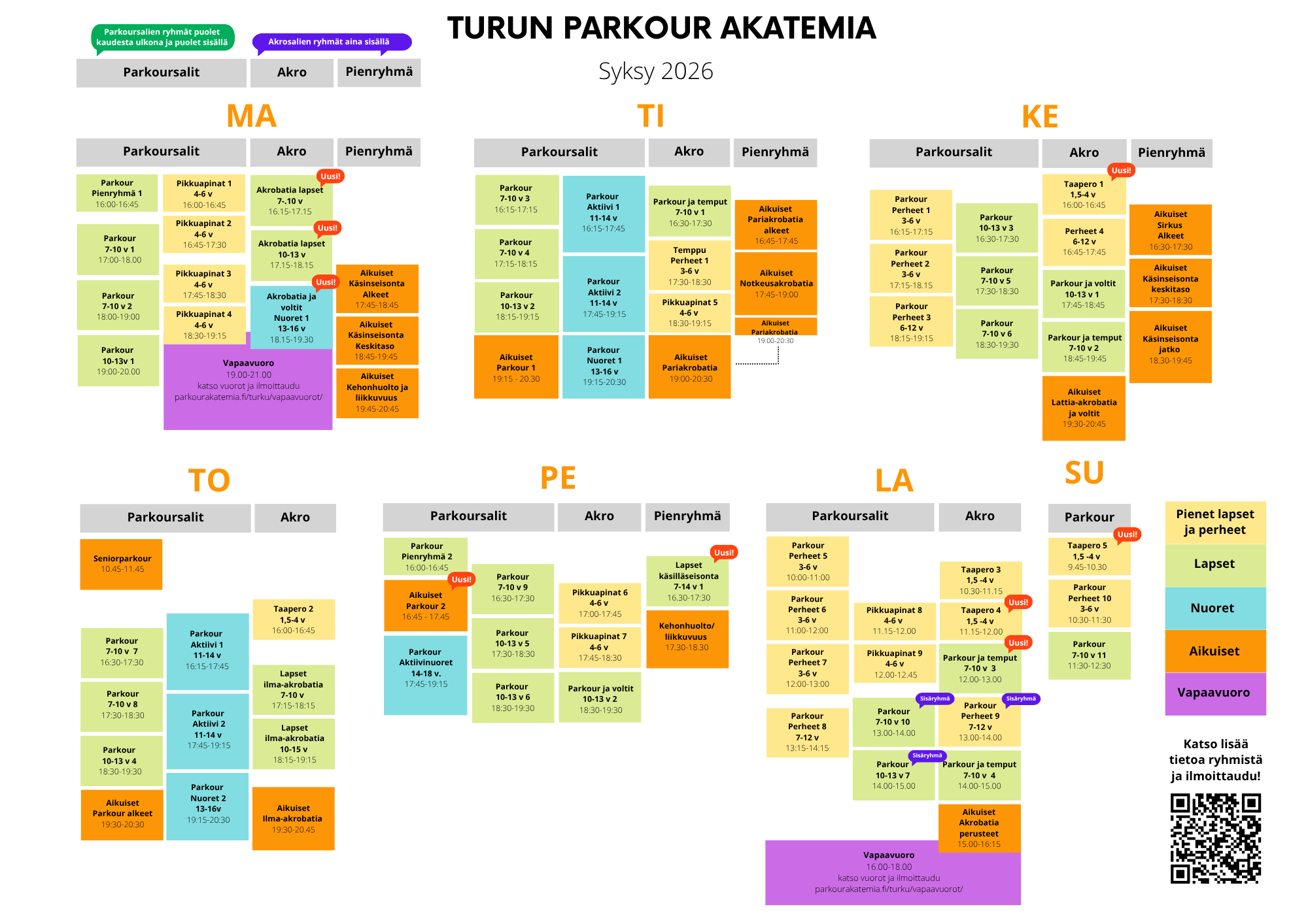 Lukujärjestys syksy 2026 Turun Parkour Akatemia