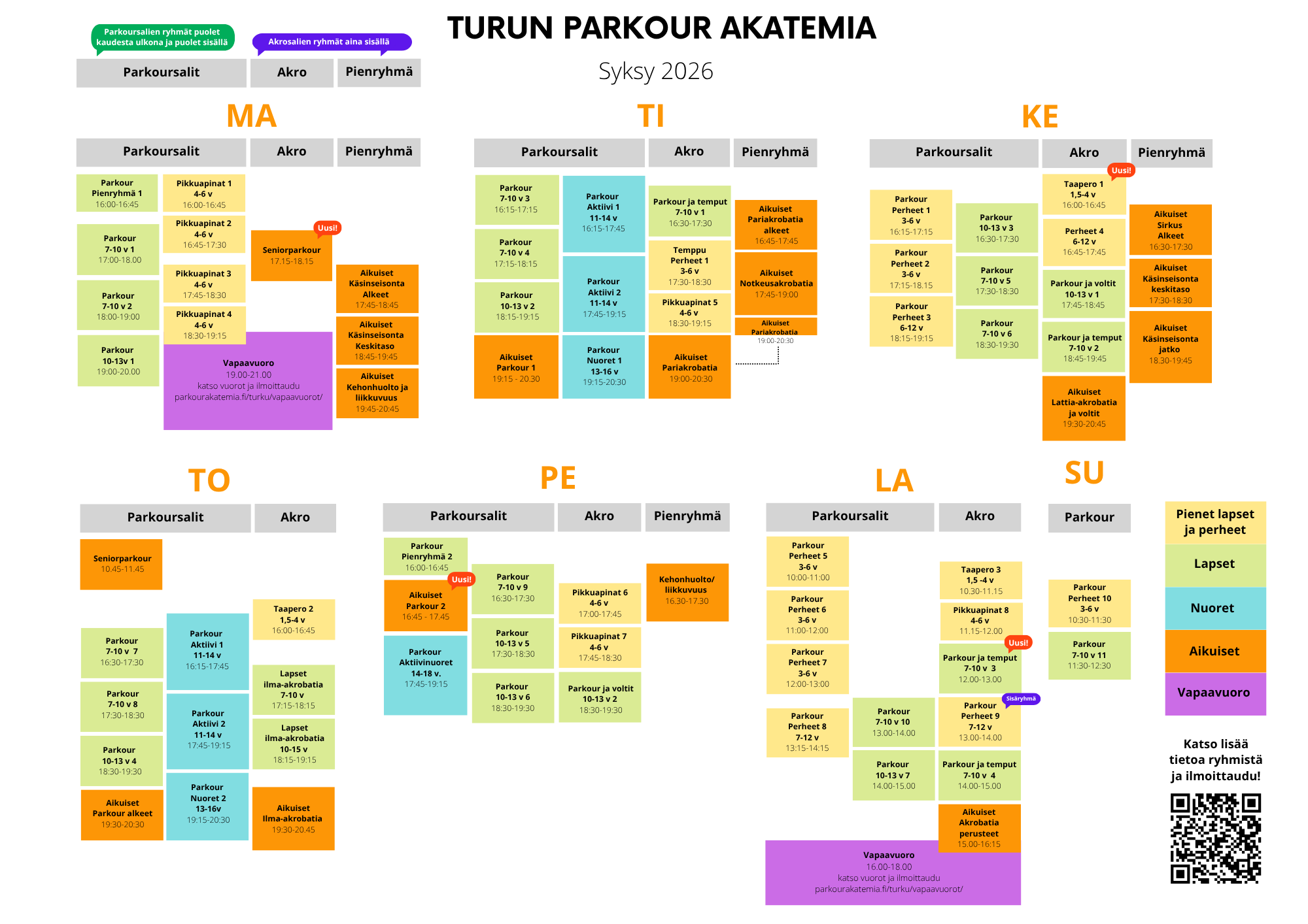 Lukujärjestys syksy 2026 viimeisin Turun Parkour Akatemia